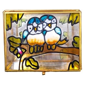 Glass Jewelry Trinket  Box Love Birds Glass Bluebirds Hinged 4.5 X 3.5 Mirror